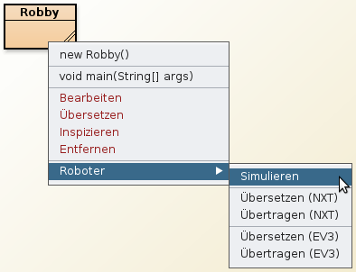 Kontextmenü für Roboterklassen